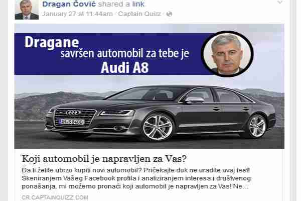 Čović odigrao Facebook kviz i saznao da je Audi A8 njegov savršeni automobil!